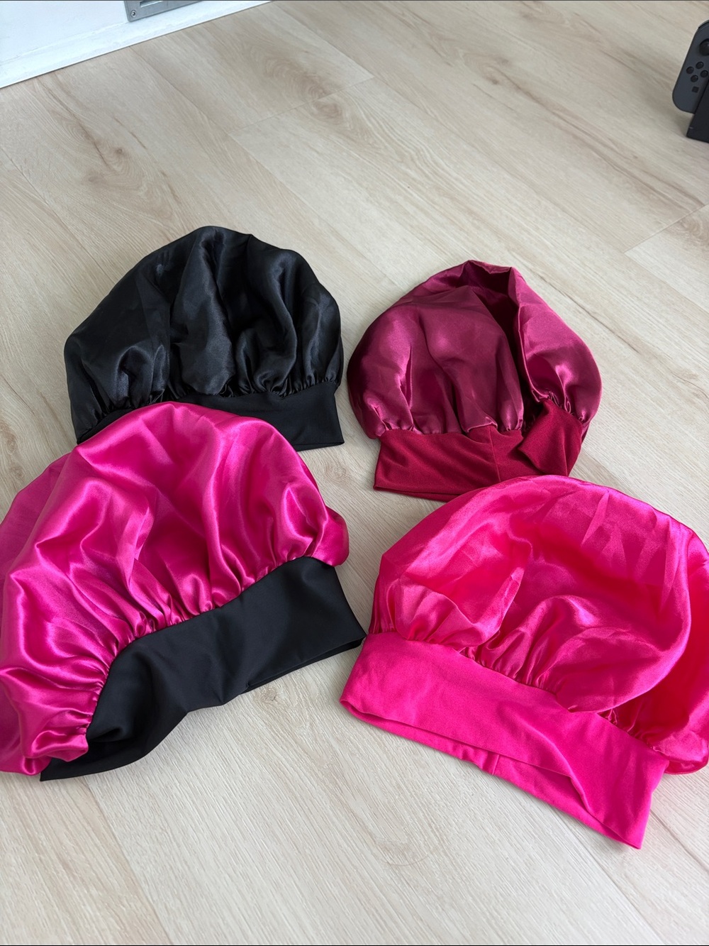 Set of Satin Hair Bonnets in Pink, Fuchsia & Black